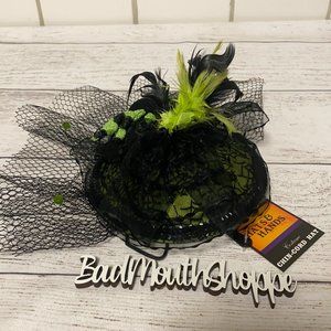 *Halloween Costume Fascinator Hat Lime Green Black Lace Spiderwebs